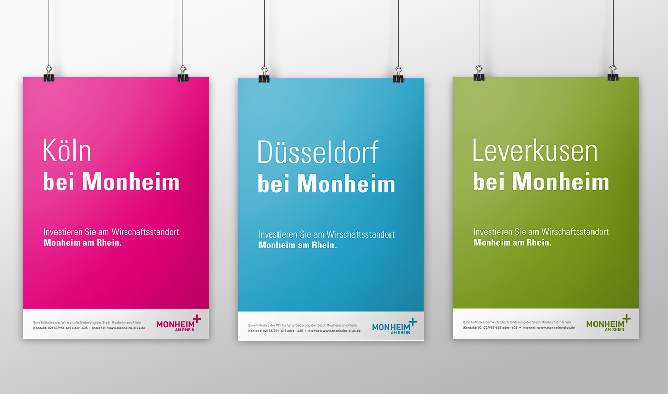 Monheim plus Logo Monheim am Rhein Aussenwerbung Plakatkampagne Köln bei Monheim